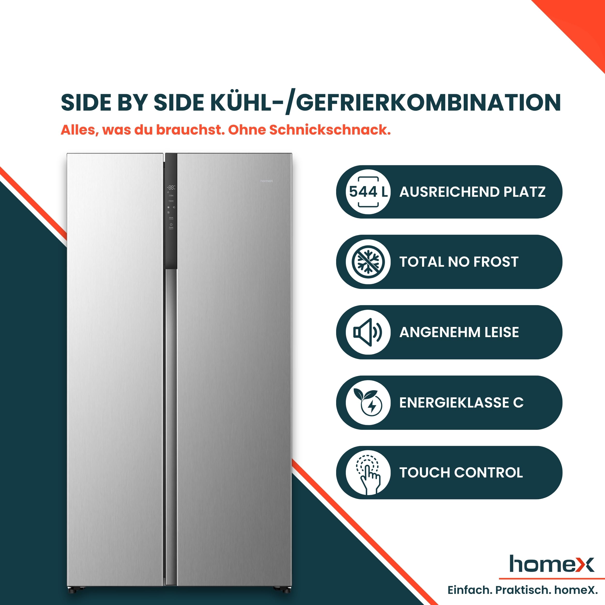 homex-k-hlen-cfbsn5441c-s-side-by-side-k-hlschrank-no-frost-544-l-silber image 2